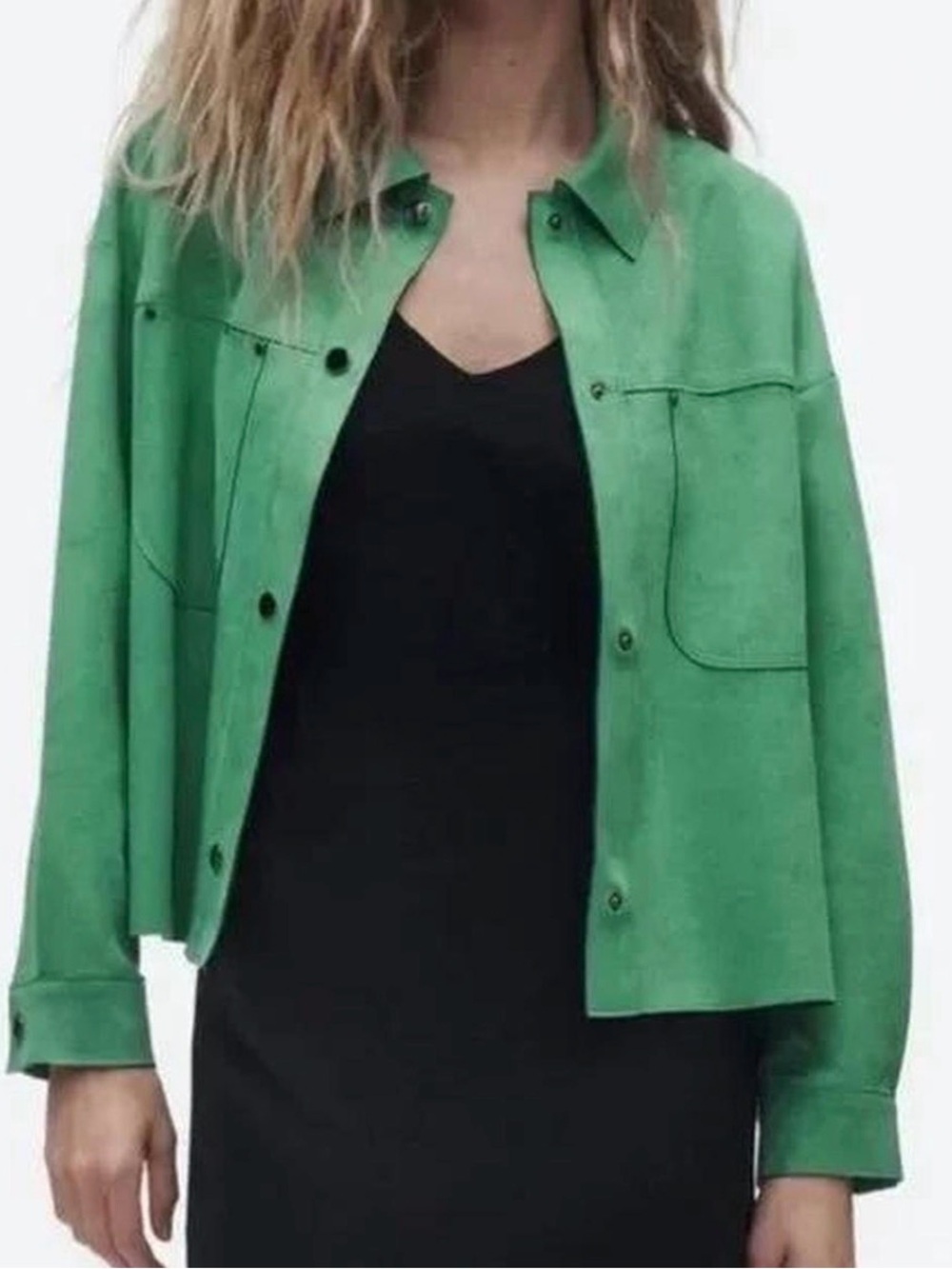 Zara Green Button-Front Suede-Look Jacket